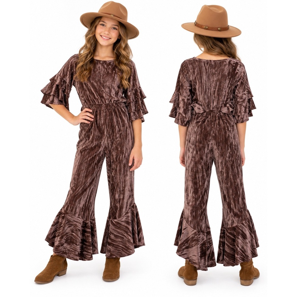 Joyfolie Mia Joy Valery Jumpsuit Eggplant Velvet Ruffle Girls 14 NWT $70